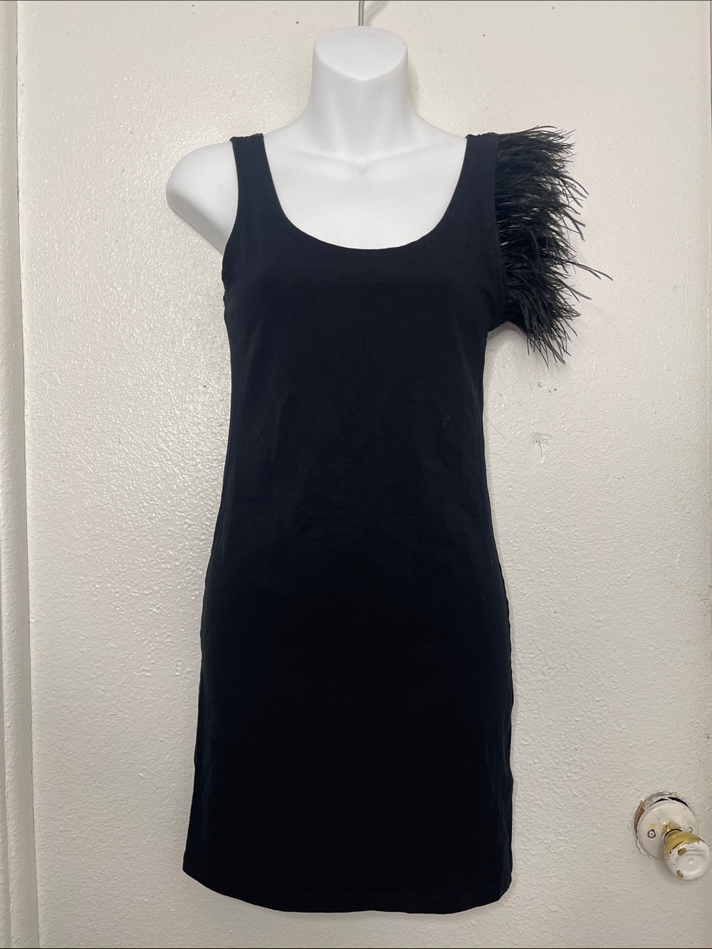 Black REAL Feather-Trim BODYCONTank Dress SIZE SMALL TO (small MEDIUM)
